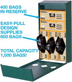 Open 3-roll poop bag dispenser showing stocked bags inside