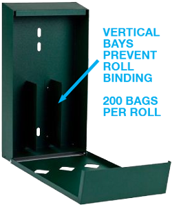 Open 3-roll poop bag dispenser showing inside bays