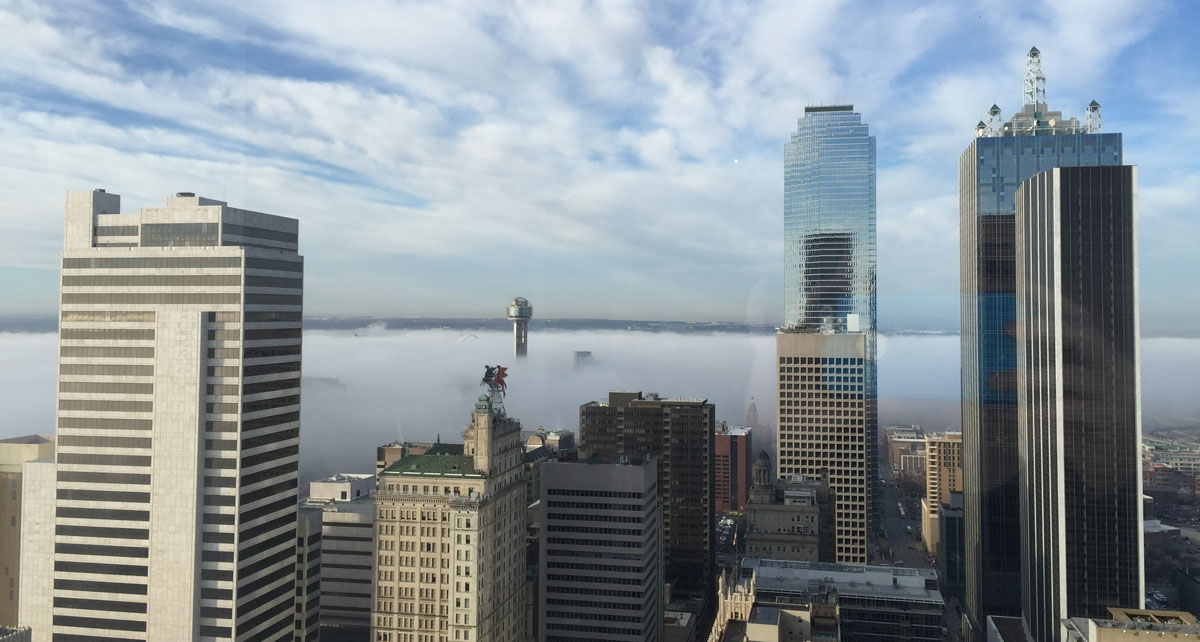 Image of downtown Dallas, Texas in fog.