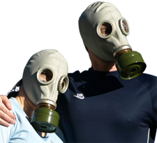 Sgt. Poopers can eliminate noxious odors from dog urine. Couple wearing gas masks