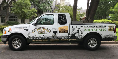 Sgt. Poopers services residential and commercial properties across Dallas Image of Sgt. Poopers truck on site