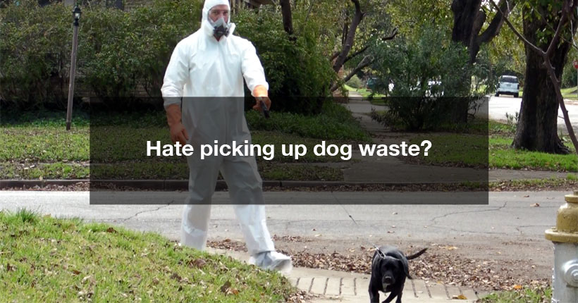 Hate picking up dog waste? Image of man in full hazmat suit walking his dog.